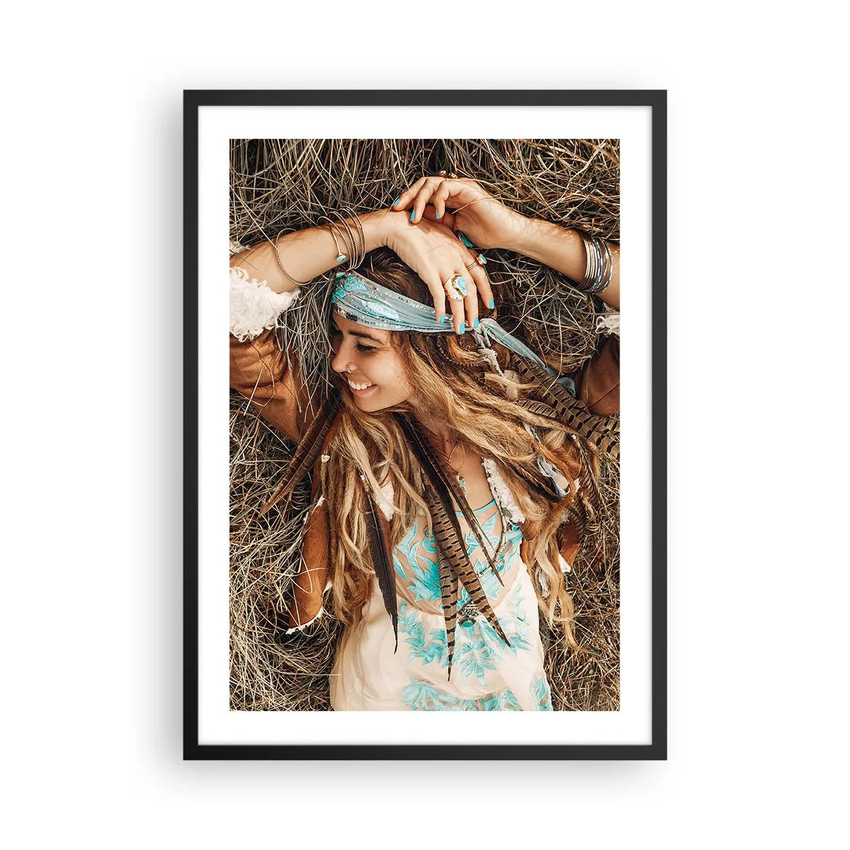 Poster in black frame - A boho-style woman with dreadlocks and ornaments against a background of dry grass. - 50x70cm - On the Way to the Summer of Love - Modern wall decoration for the living room and bedroom ARTTOR