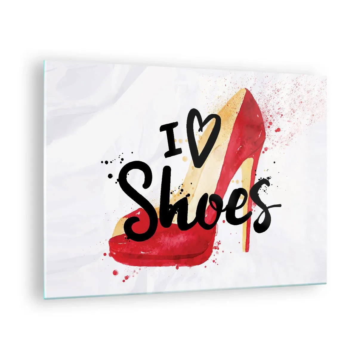 Glass picture - A red high heel and the words 'I love shoes' on a light background - 70x50cm - Love Has Many Names - Modern wall decoration for the living room and bedroom ARTTOR