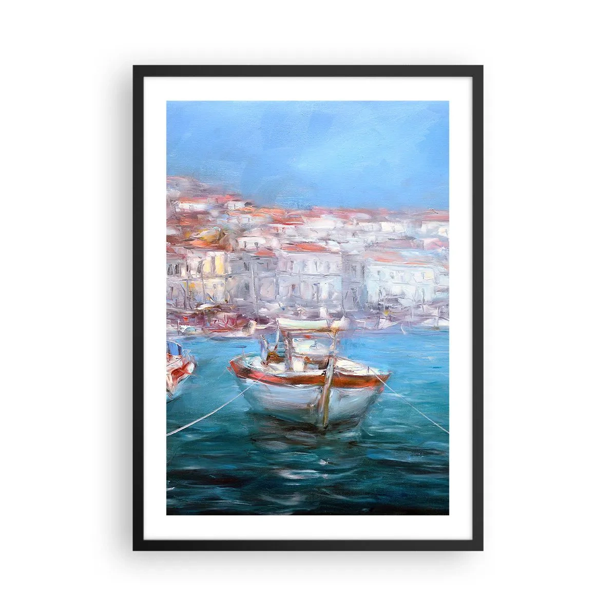 Poster in black frame - A boat in the harbor, with a view of the city - 50x70cm - Italian Bay - Modern wall decoration for the living room and bedroom ARTTOR