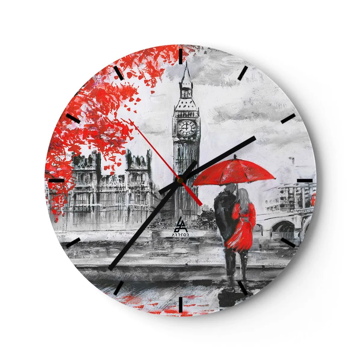 Wall clock - Clock on glass - A couple under a red umbrella with Big Ben and the Houses of Parliament in the background. - 30x30cm - In Love with London - Modern wall decoration for the living room, kitchen, and bedroom ARTTOR
