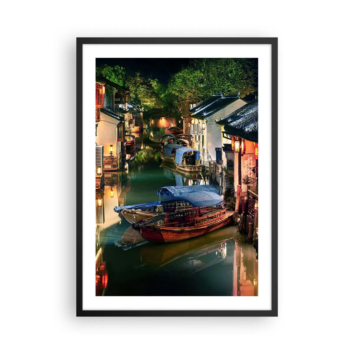 Poster in black frame - A water canal with boats surrounded by traditional buildings at night - 50x70cm - Evening on a Chinese Street - Modern wall decoration for the living room and bedroom ARTTOR
