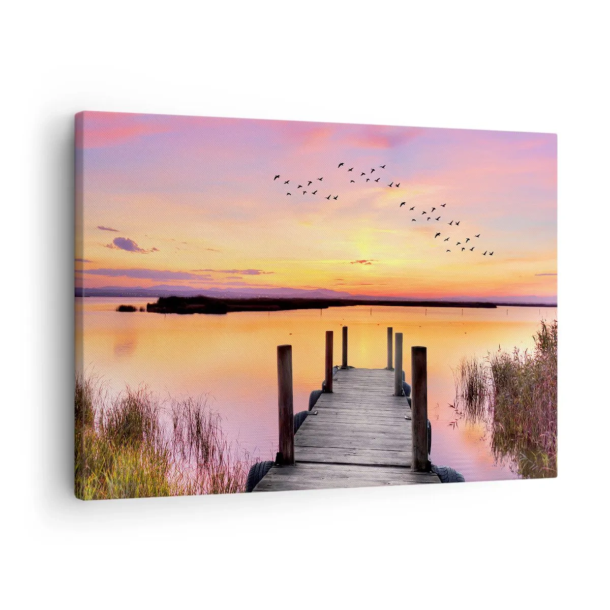 Canvas picture - A pier on a lake at sunset with birds in the sky - 70x50cm - Violet Quiet Dawn - Modern wall decoration for the living room and bedroom ARTTOR