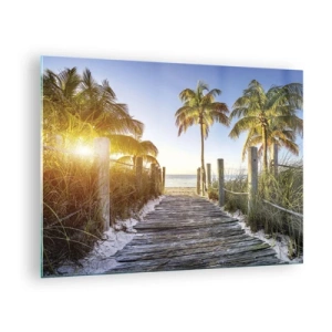 Glass picture - Wooden path on the beach surrounded by palm trees - 70x50cm - Straight to Paradise - Modern wall decoration for the living room and bedroom ARTTOR