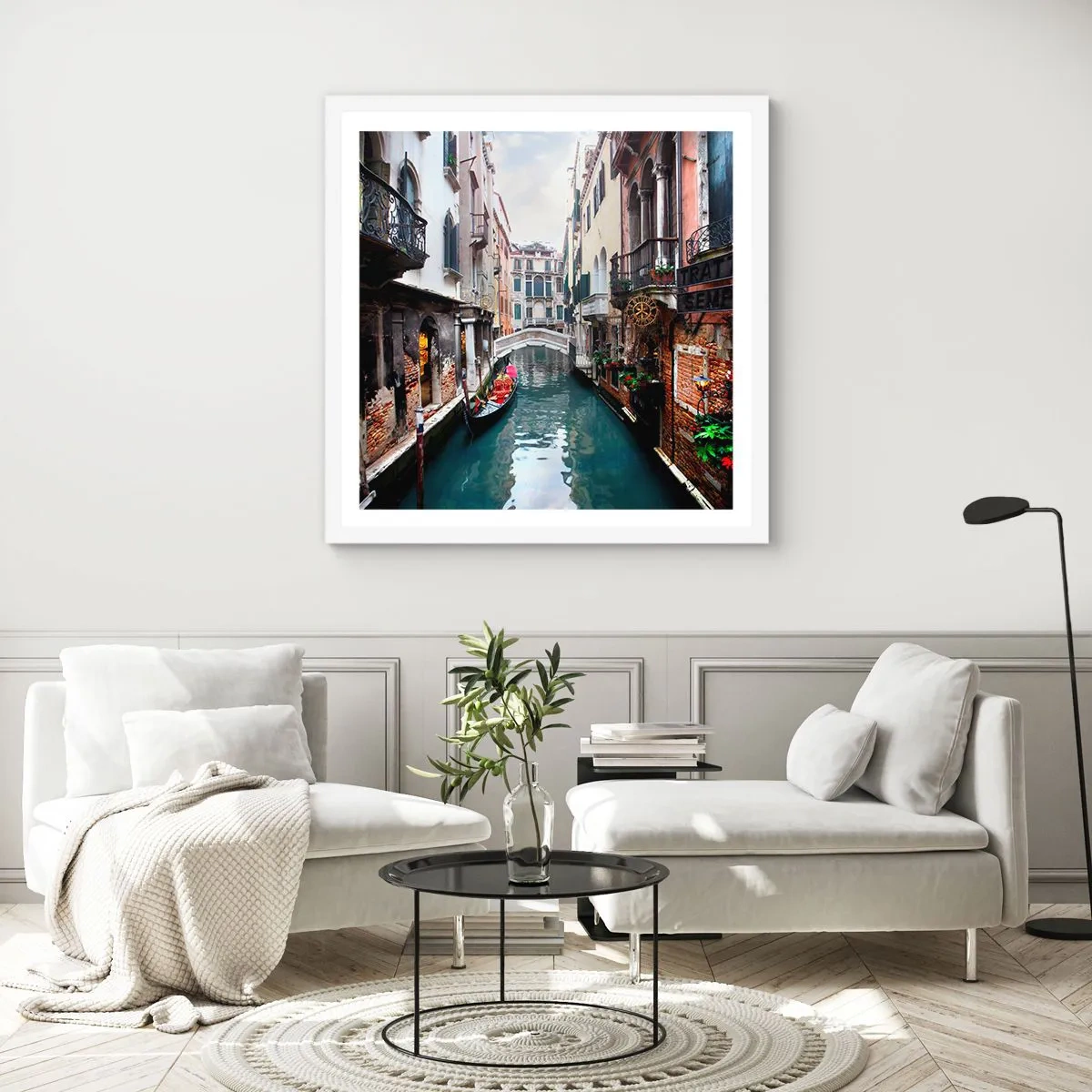 Poster in white frmae - Venetian View with a Gondola and a Bridge - 30x30 cm