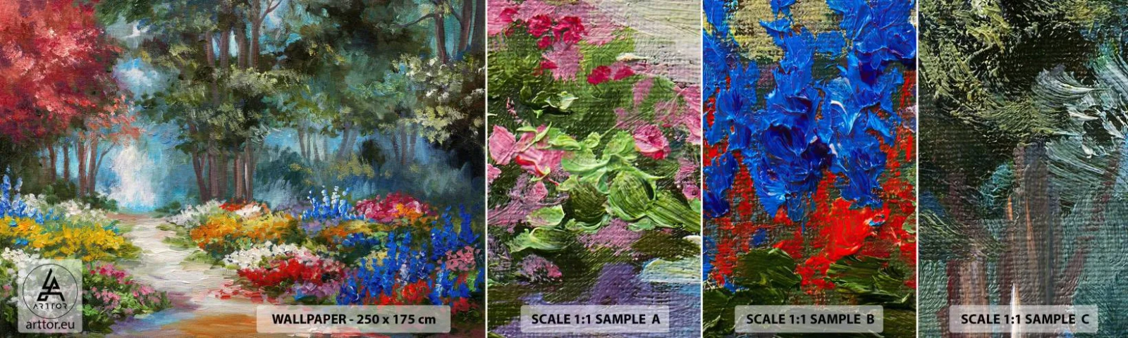 Photo Wallpaper Sample Self-Adhesive Deluxe Sticker - Wood Garden, Flowery Forest - Landscape, Park, Flowers - 100x30 cm