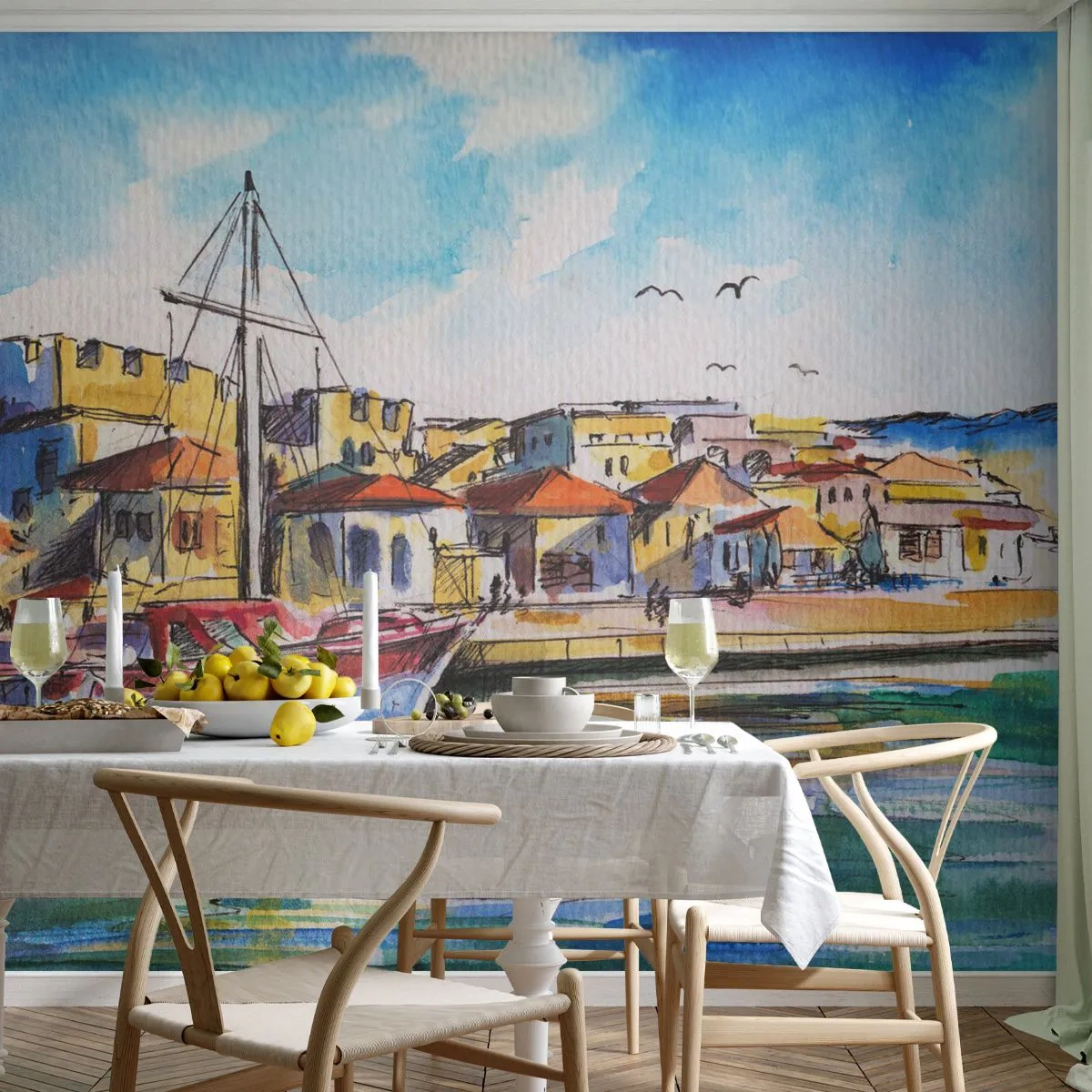 Self-Adhesive Photo Wallpaper Deluxe Sticker - Rainbow Afternoon - Harbor, Yacht, Seaside - 100x70 cm