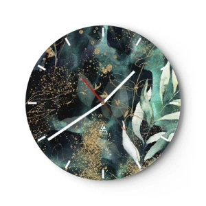 Wall clock - Clock on glass - Green leaves and gold accents on a dark background - 30x30cm - Enchanted Garden - Modern wall decoration for the living room, kitchen, and bedroom ARTTOR