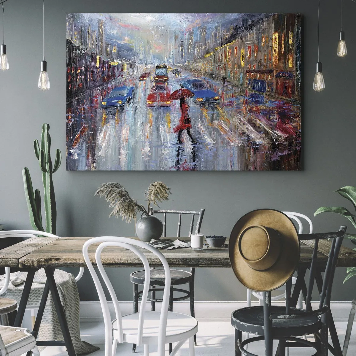 Canvas picture - A woman with an umbrella on a rainy street in the neon light. - 70x50cm - Rainy Afternoon in a City - Modern wall decoration for the living room and bedroom ARTTOR