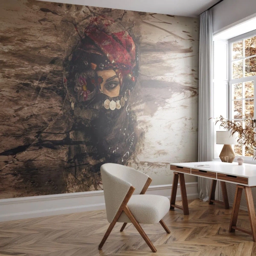 Photo Wallpaper Standard Eco - At Least Worrying - Abstraction, Woman's Face, Oriental Symbols - 150x105 cm