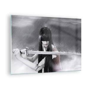 Glass picture - A woman with a sword in the rain on a monochrome background. - 70x50cm - Beautiful and Dangerous - Modern wall decoration for the living room and bedroom ARTTOR