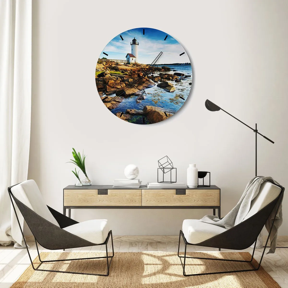 Wall clock - Clock on glass - A lighthouse on a rocky coast on a sunny day - 30x30cm - Be Home Safe, I Am Waiting - Modern wall decoration for the living room, kitchen, and bedroom ARTTOR