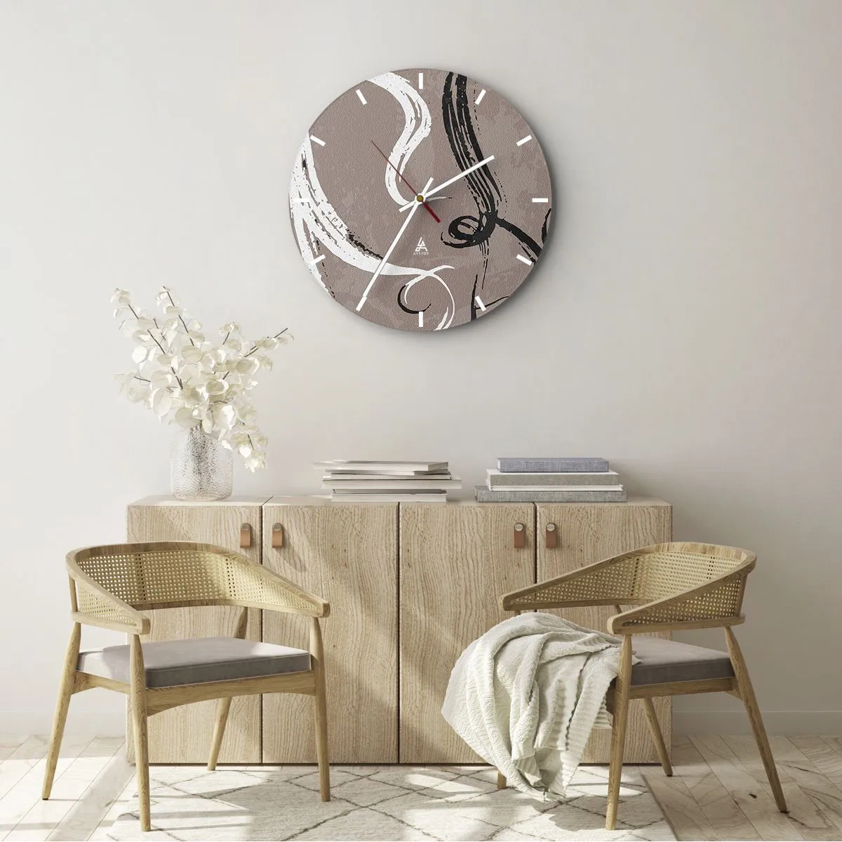 Wall clock - Clock on glass - Brown background with expressive black and white brush strokes - 30x30cm - Composition -In Search of Completeness - Modern wall decoration for the living room, kitchen, and bedroom ARTTOR