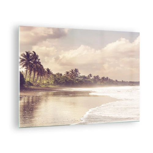 Glass picture - A golden beach with palm trees and a calm ocean in the soft light - 70x50cm - Caress of the Waves - Modern wall decoration for the living room and bedroom ARTTOR