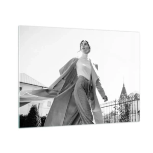 Glass picture - A stylish woman in motion against the backdrop of urban architecture - 70x50cm - Are You Coming With Me? - Modern wall decoration for the living room and bedroom ARTTOR
