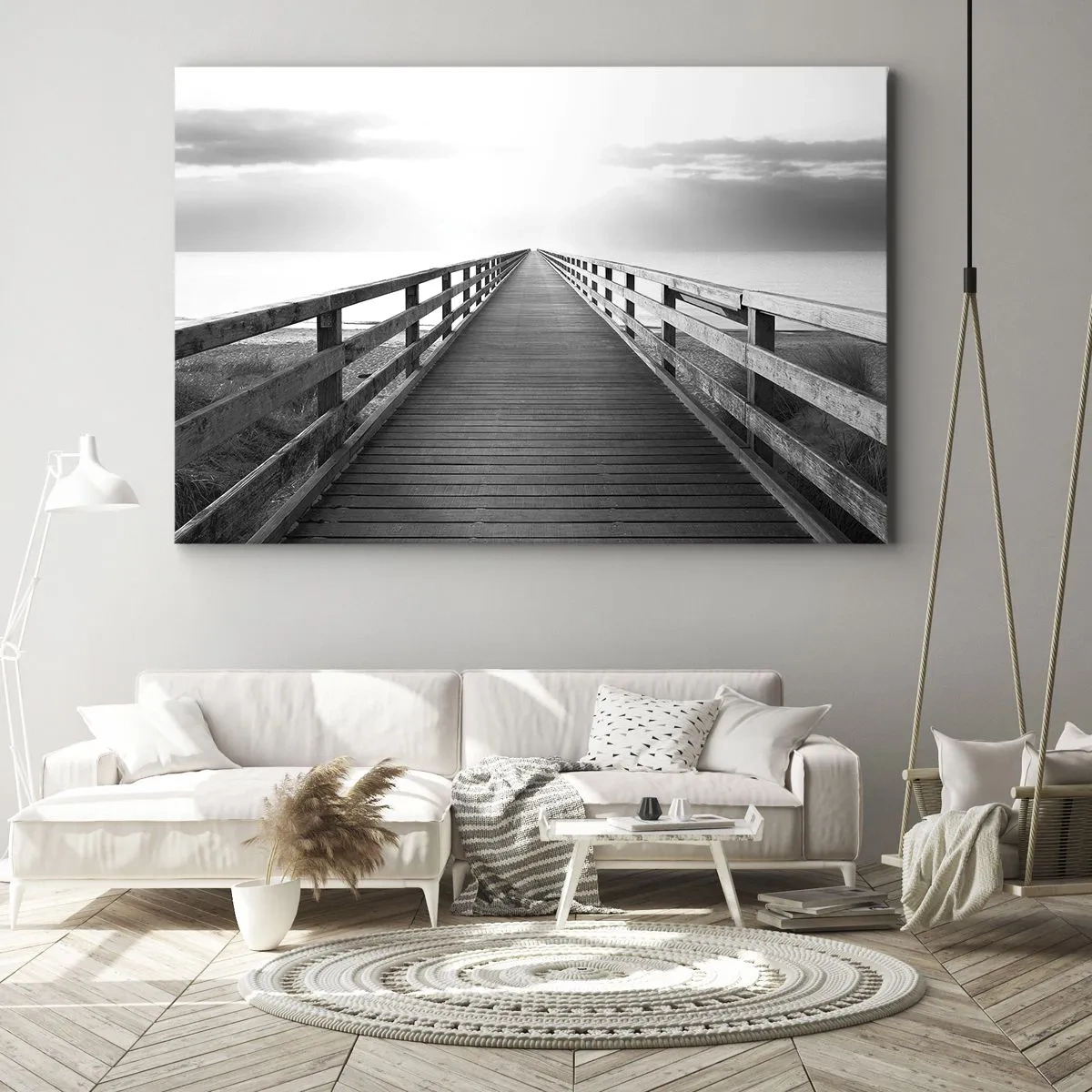 Canvas picture - black and white image of a wooden jetty leading towards the horizon. - 70x50cm - In the Distance… - Modern wall decoration for the living room and bedroom ARTTOR