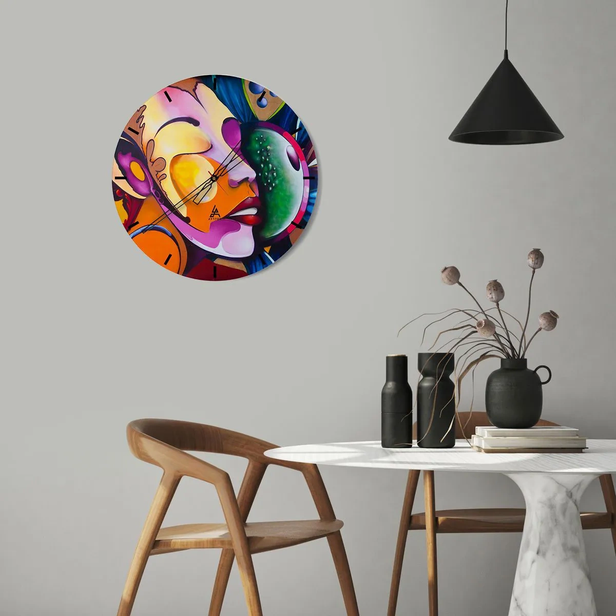 Wall clock - Clock on glass - Touching with a Colour - 30x30 cm