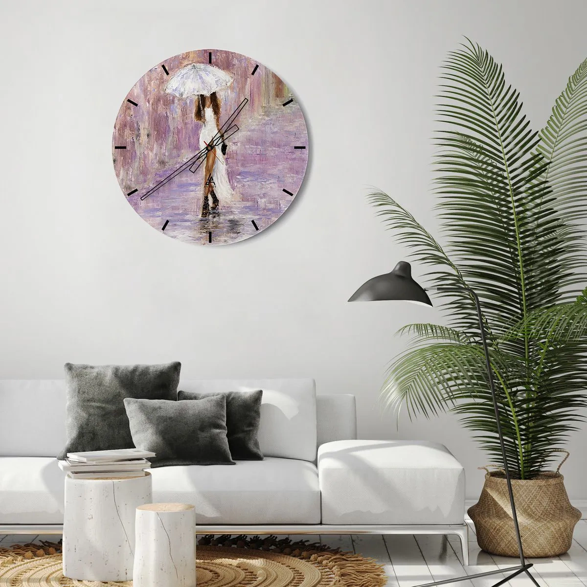 Wall clock - Clock on glass - The figure of a woman with an umbrella in the rain, against a lilac background - 30x30cm - In Liliac Rain - Modern wall decoration for the living room, kitchen, and bedroom ARTTOR