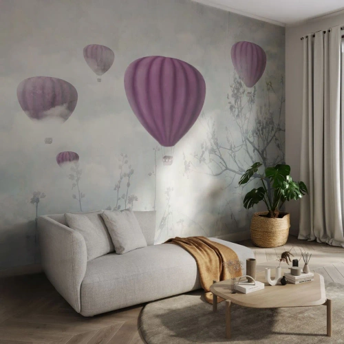Photo Wallpaper Standard Eco - Purple balloons floating among the clouds - 100x70cm - Like Ships in the Sky - Modern wall decoration for the living room and bedroom ARTTOR