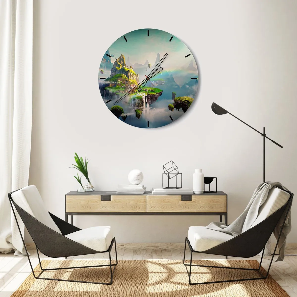 Wall clock - Clock on glass - Hanging islands with waterfalls and lush vegetation among the clouds - 30x30cm - Internal Heaven - Happy Islands - Modern wall decoration for the living room, kitchen, and bedroom ARTTOR