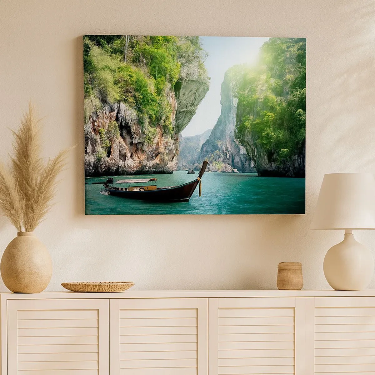 Canvas picture - A traditional boat against a backdrop of tropical cliffs and turquoise waters - 70x50cm - Invitation for an Exotic Trip - Modern wall decoration for the living room and bedroom ARTTOR