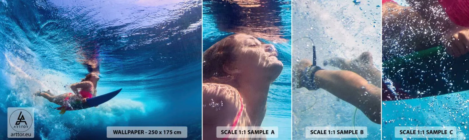 Photo Wallpaper Sample Self-Adhesive Deluxe Sticker - Depth of Joy - Surfing, Woman, Sport - 100x30 cm