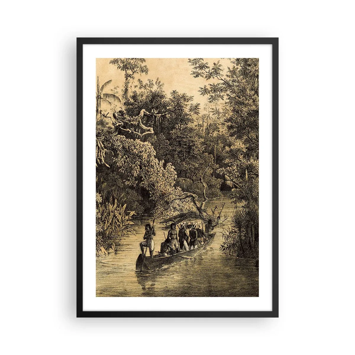 Poster in black frame - An engraving of a tropical forest and a boat on a river - 50x70cm - Journey to the Spring - Modern wall decoration for the living room and bedroom ARTTOR
