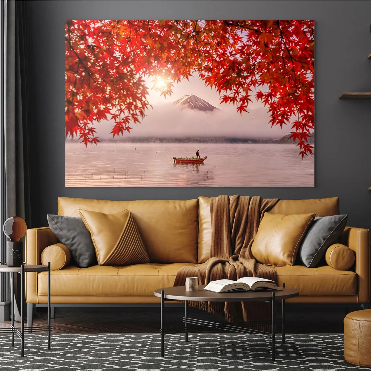 Glass picture - Mount Fuji with a boat on a lake surrounded by red leaves - 70x50cm - In Japanese Style - Modern wall decoration for the living room and bedroom ARTTOR