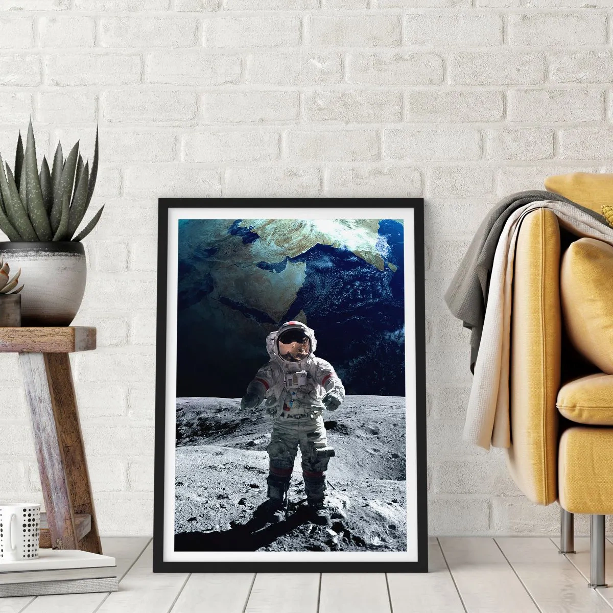 Poster in black frame - Astronaut on the surface of the moon - 50x70cm - Greetings from the Moon - Modern wall decoration for the living room and bedroom ARTTOR