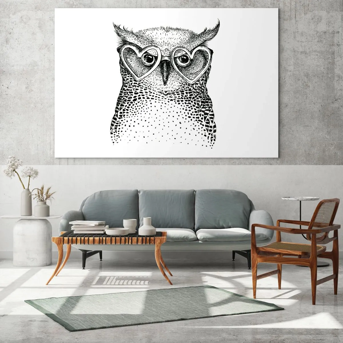 Glass picture - Illustration of an owl wearing heart-shaped glasses - 70x50cm - Wise And With Love - Modern wall decoration for the living room and bedroom ARTTOR
