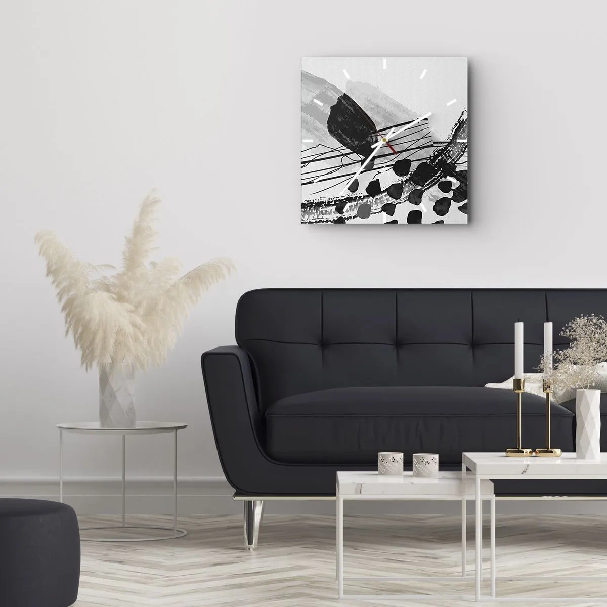 Wall clock - Clock on glass - Black and White Organic Abstraction - 30x30 cm