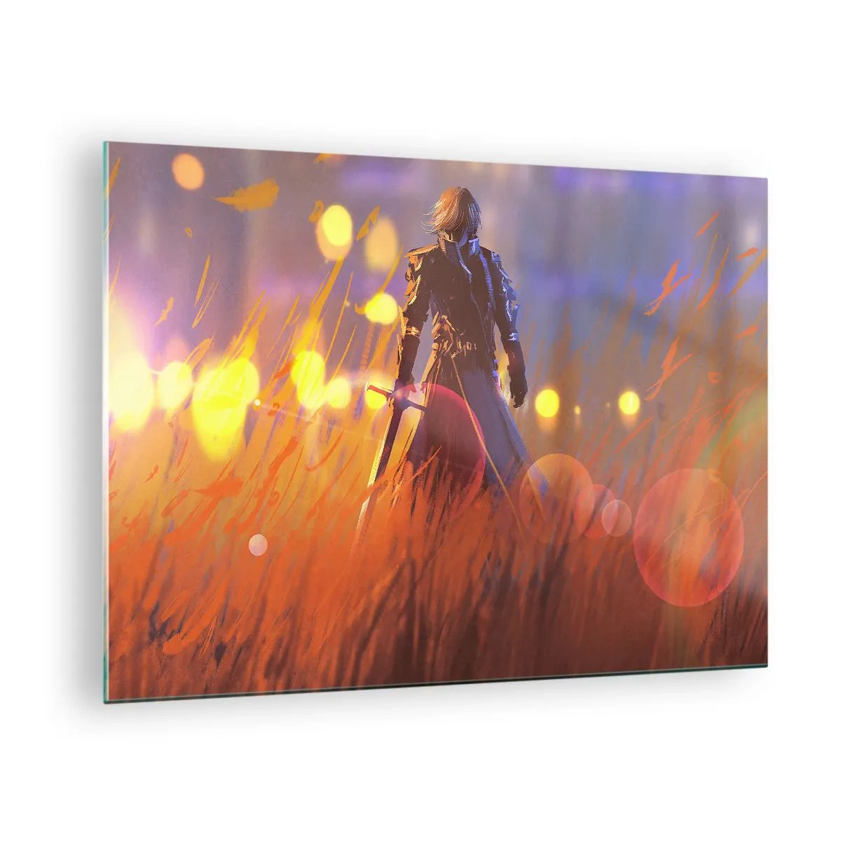 Glass picture - A figure in armor among orange grass with a luminous background. - 70x50cm - Knight-errant - Modern wall decoration for the living room and bedroom ARTTOR