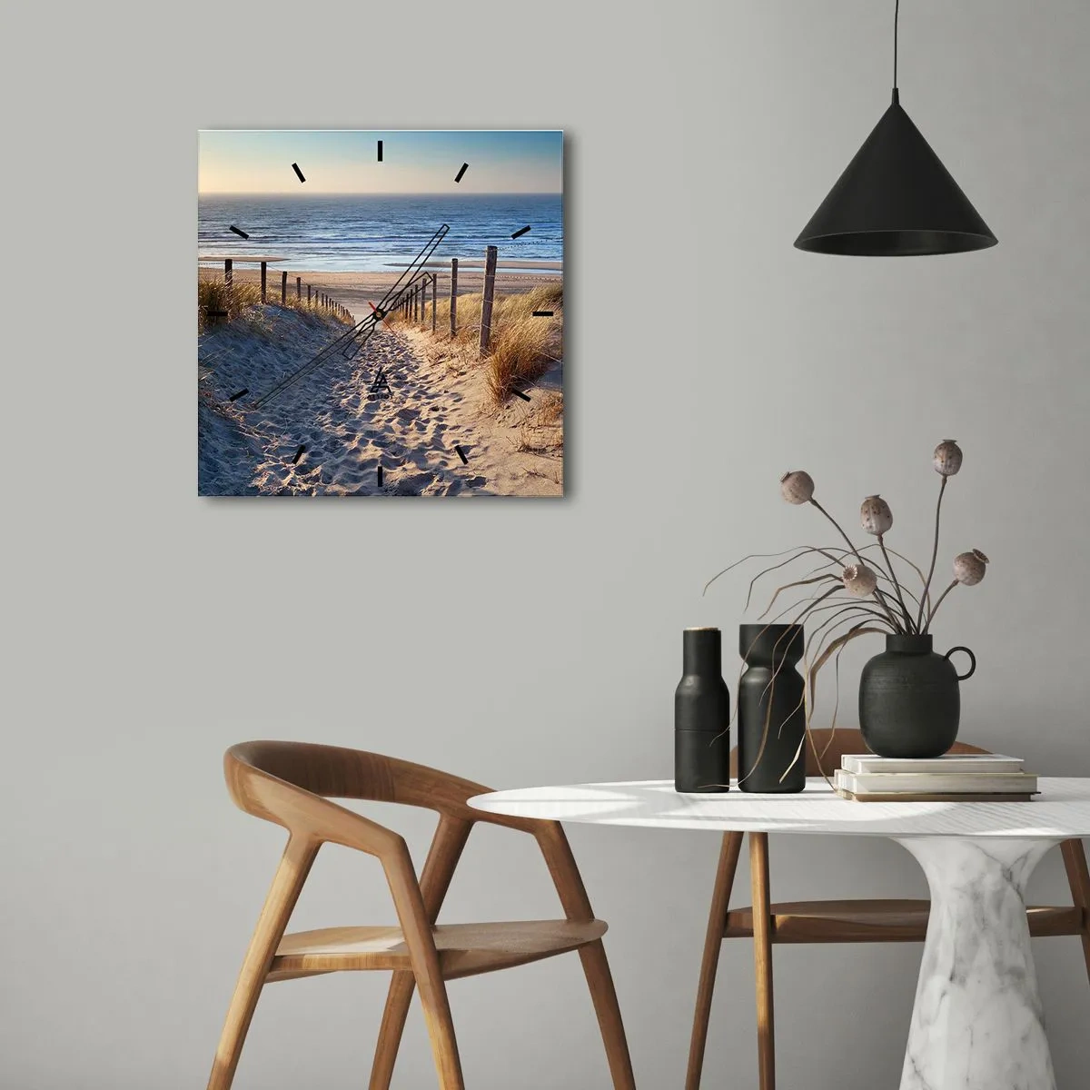 Wall clock - Clock on glass - Sound of the Sea, Singing of the Birds, Wild Beach among Grass - 30x30 cm