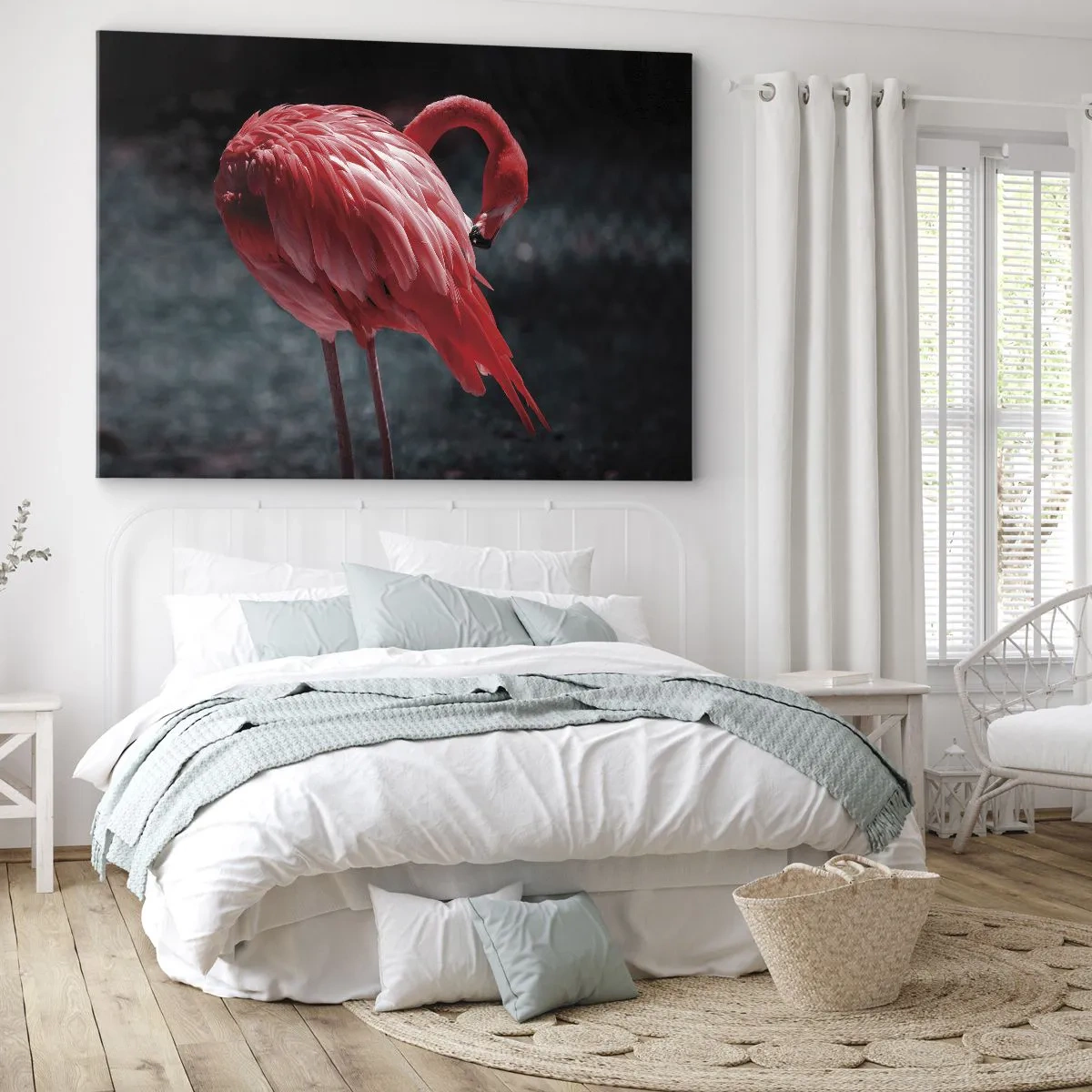 Canvas picture - A pink flamingo on a dark green background - 70x50cm - Crimson Poem of Nature - Modern wall decoration for the living room and bedroom ARTTOR