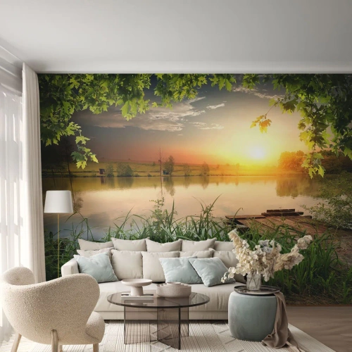 Photo Wallpaper Standard Eco - Landscape in a Green Frame - Landscape, Lake, Wooden Bridge - 500x350 cm