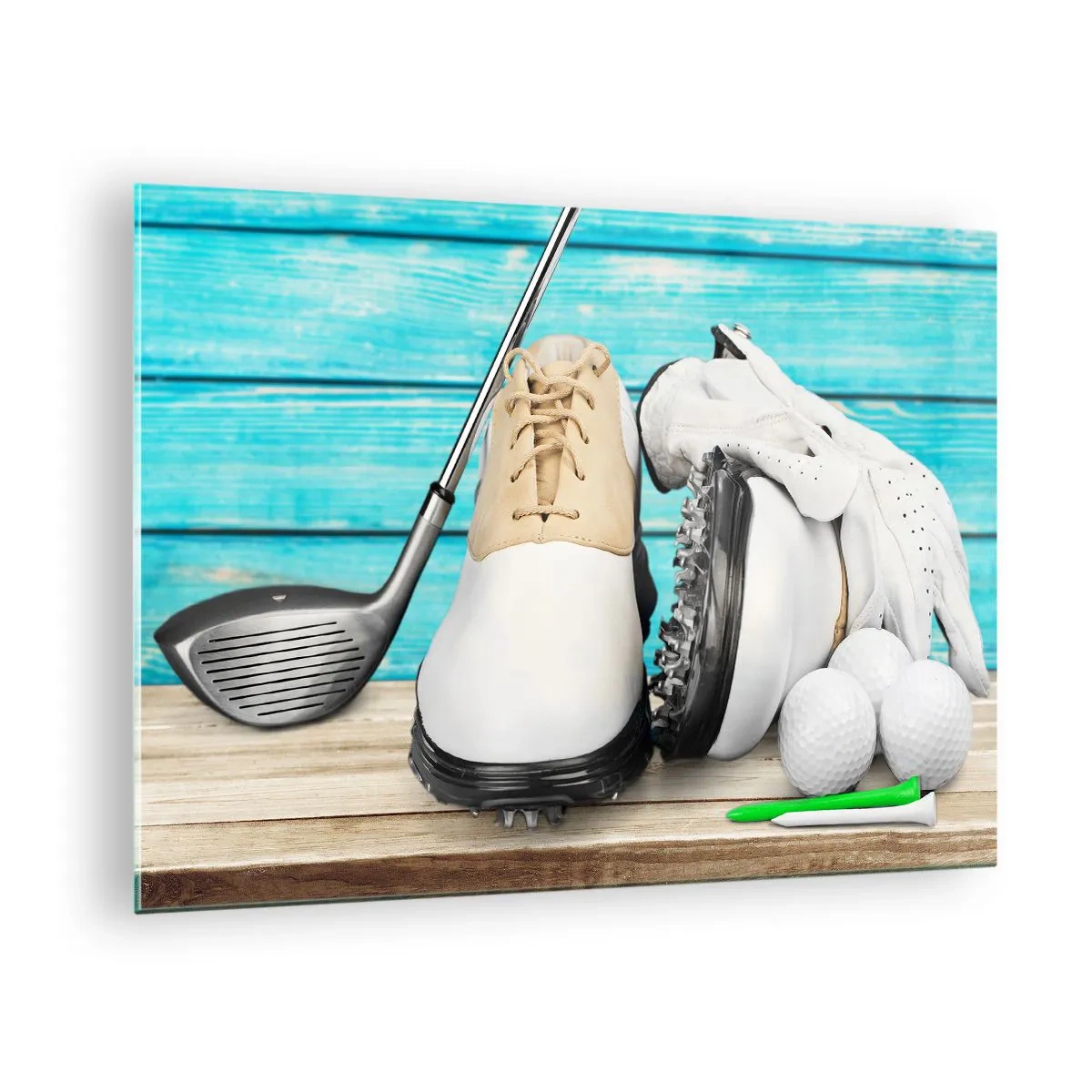 Glass picture - Golf accessories on a wooden background - 70x50cm - Everything Is Ready - Modern wall decoration for the living room and bedroom ARTTOR