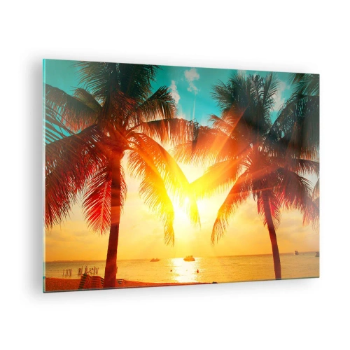 Glass picture - Sunlit palm trees over a tropical beach - 70x50cm - Exotic Couple - Modern wall decoration for the living room and bedroom ARTTOR