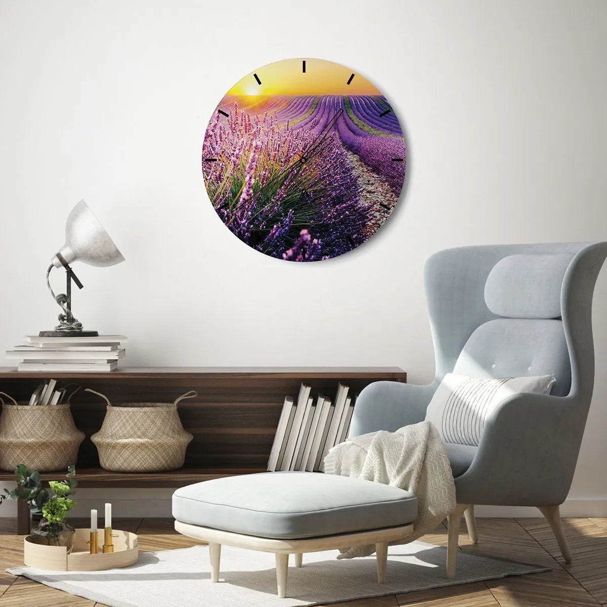 Wall clock - Clock on glass - Lavender field at sunset with a rocky path - 30x30cm - Fragrant Field - Modern wall decoration for the living room, kitchen, and bedroom ARTTOR