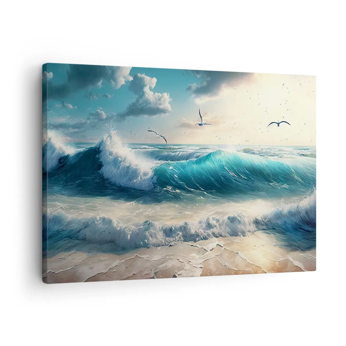 Canvas picture - Sea waves on the beach under a blue sky with seagulls - 70x50cm - It Hums Especially for You - Modern wall decoration for the living room and bedroom ARTTOR