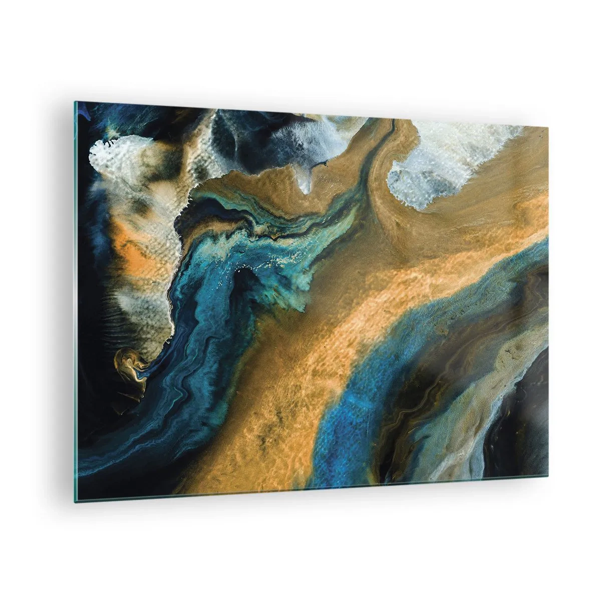 Glass picture - Abstract composition in shades of blue and gold - 70x50cm - Blue -Yellow - Mutal Influences - Modern wall decoration for the living room and bedroom ARTTOR