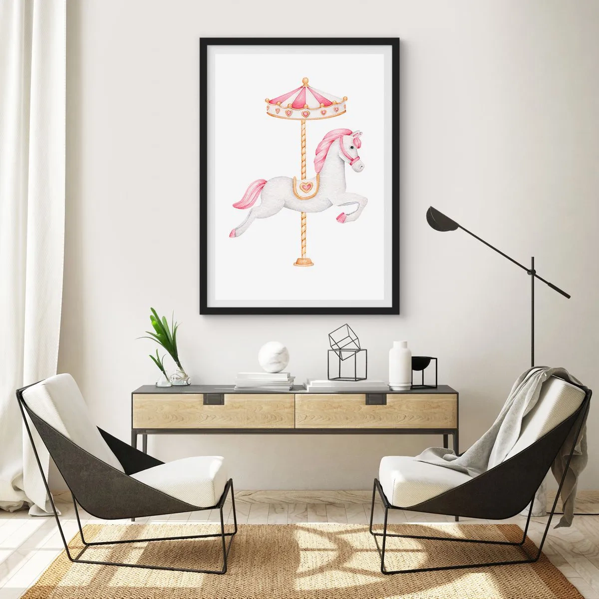 Poster in black frame - A charming white horse on a carousel in pastel colors - 50x70cm - Off the Hoofs - Modern wall decoration for the living room and bedroom ARTTOR