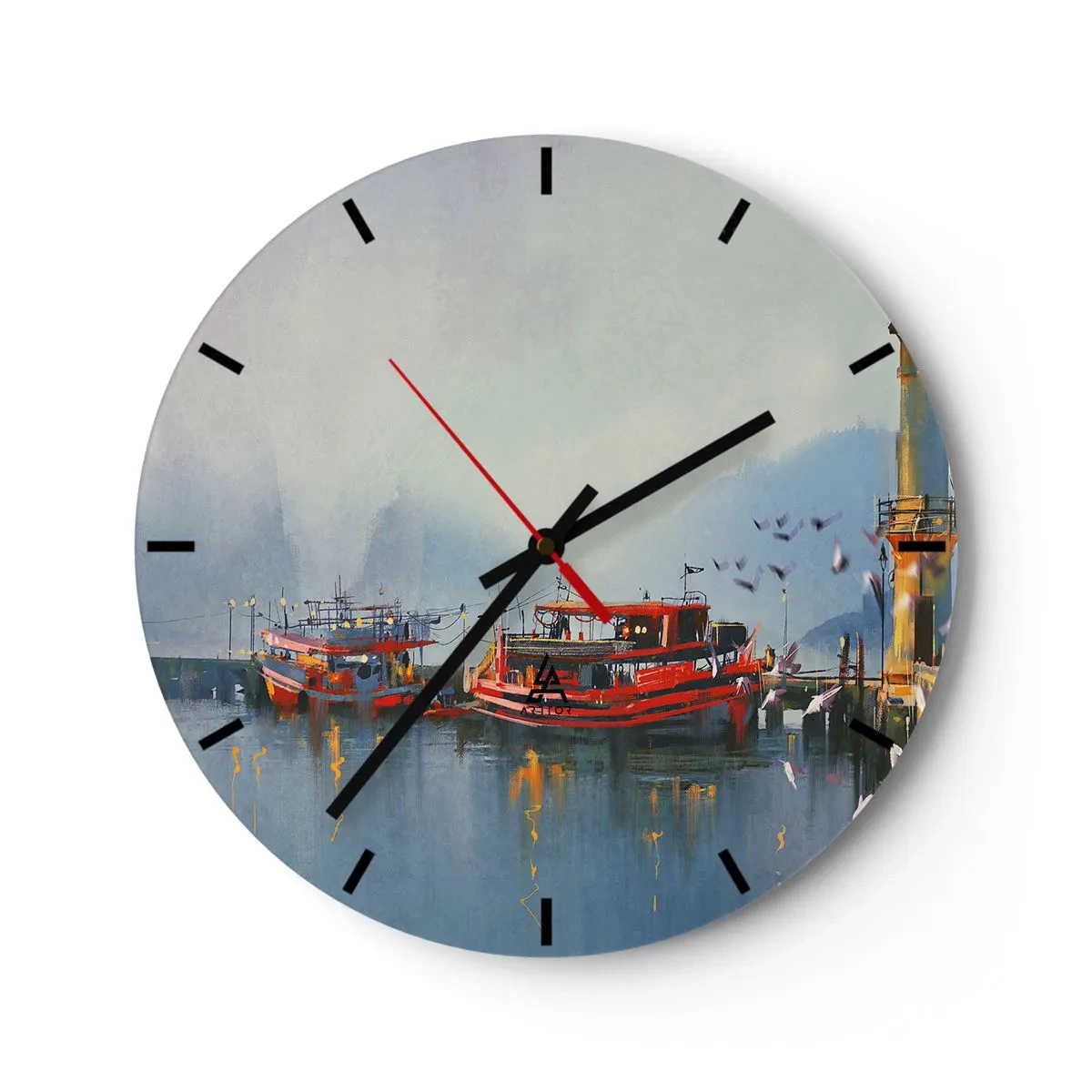 Wall clock - Clock on glass - A harbor with red boats on calm water in the morning - 30x30cm - At the End of the World - Modern wall decoration for the living room, kitchen, and bedroom ARTTOR