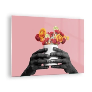 Glass picture - Black and white hands holding a colorful bouquet of flowers - 70x50cm - Apotheosis of Life - Modern wall decoration for the living room and bedroom ARTTOR