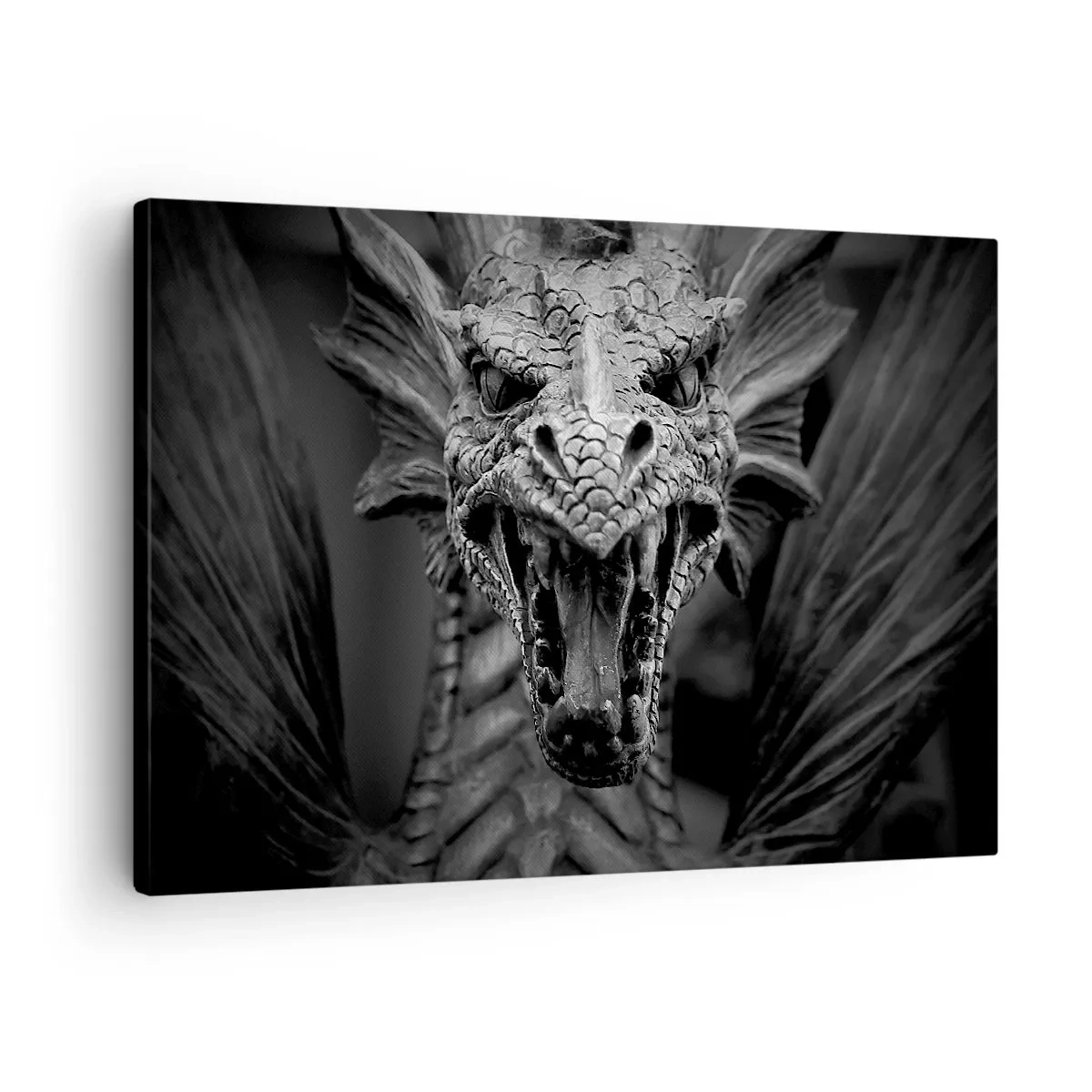 Canvas picture - A menacing dragon head in black and white with expressive details. - 70x50cm - Fairytale Dragon in Grey - Modern wall decoration for the living room and bedroom ARTTOR