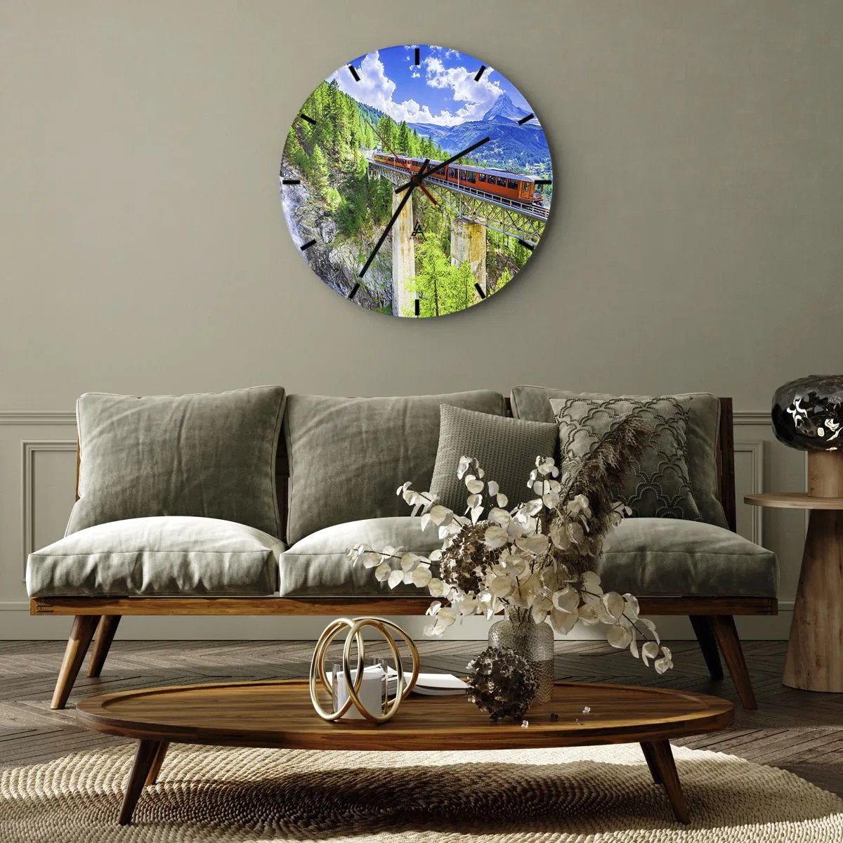 Wall clock - Clock on glass - red train crossing a bridge in an alpine landscape - 30x30cm - Train Through the Alps - Modern wall decoration for the living room, kitchen, and bedroom ARTTOR