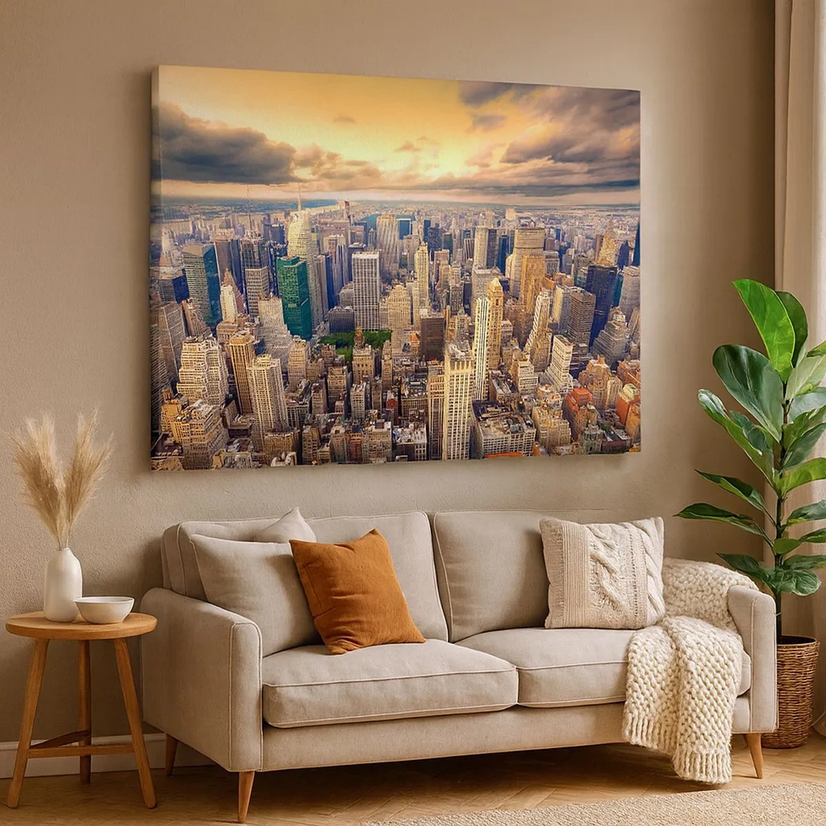 Canvas picture - City panorama with a view of skyscrapers at sunset - 70x50cm - Metropolis in Gold - Modern wall decoration for the living room and bedroom ARTTOR