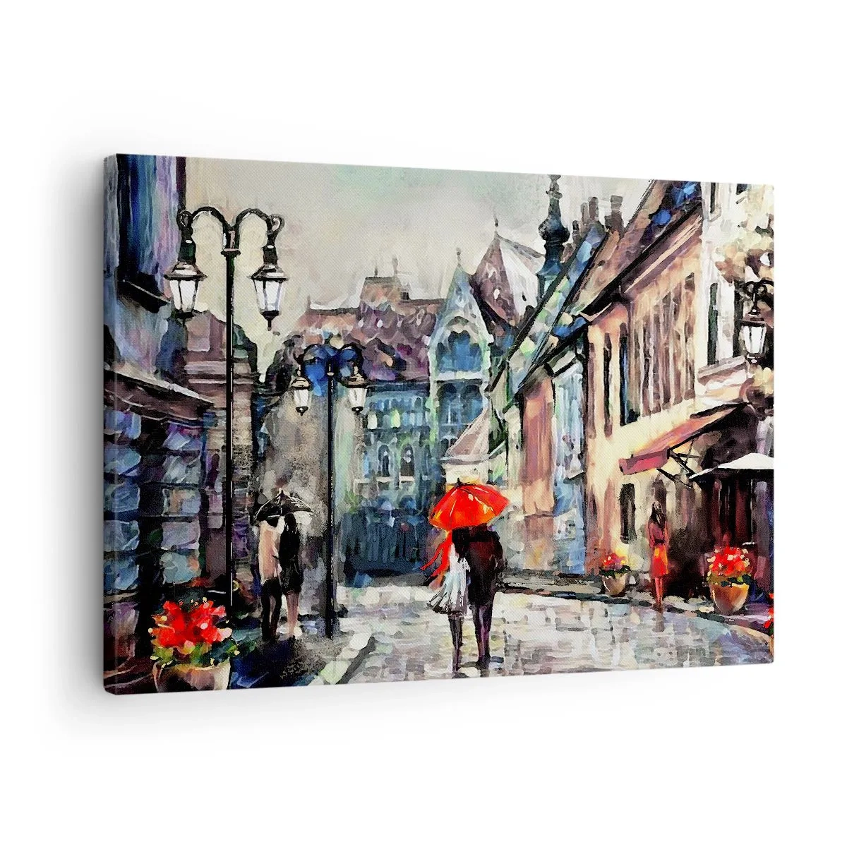 Canvas picture - A charming city street with a couple under a red umbrella - 70x50cm - Rain for Two - Modern wall decoration for the living room and bedroom ARTTOR