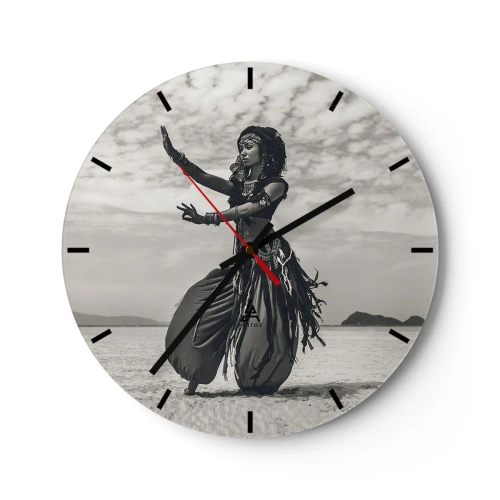 Wall clock - Clock on glass - Black and white photograph of a woman dancing on the beach - 30x30cm - Dance of Southern Islands - Modern wall decoration for the living room, kitchen, and bedroom ARTTOR