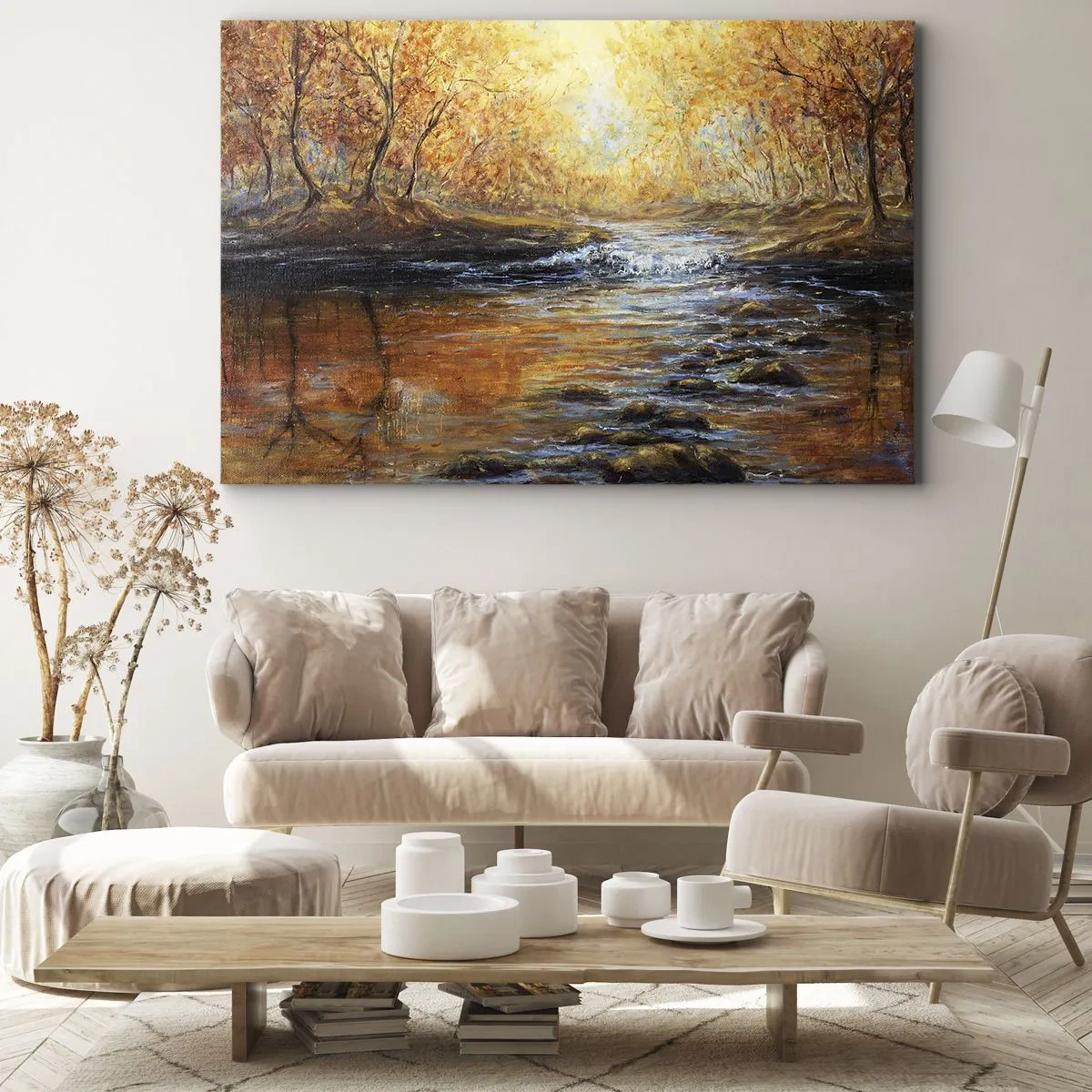 Canvas picture - Autumn landscape with a river among the trees - 70x50cm - Golden Brook - Modern wall decoration for the living room and bedroom ARTTOR