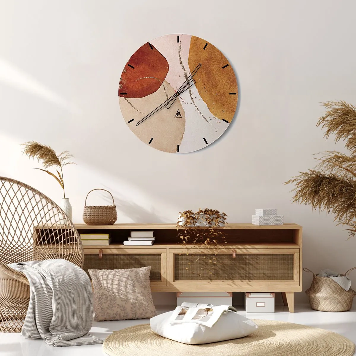 Wall clock - Clock on glass - Abstract composition with earthy color spots - 30x30cm - Roundness and Movement - Modern wall decoration for the living room, kitchen, and bedroom ARTTOR