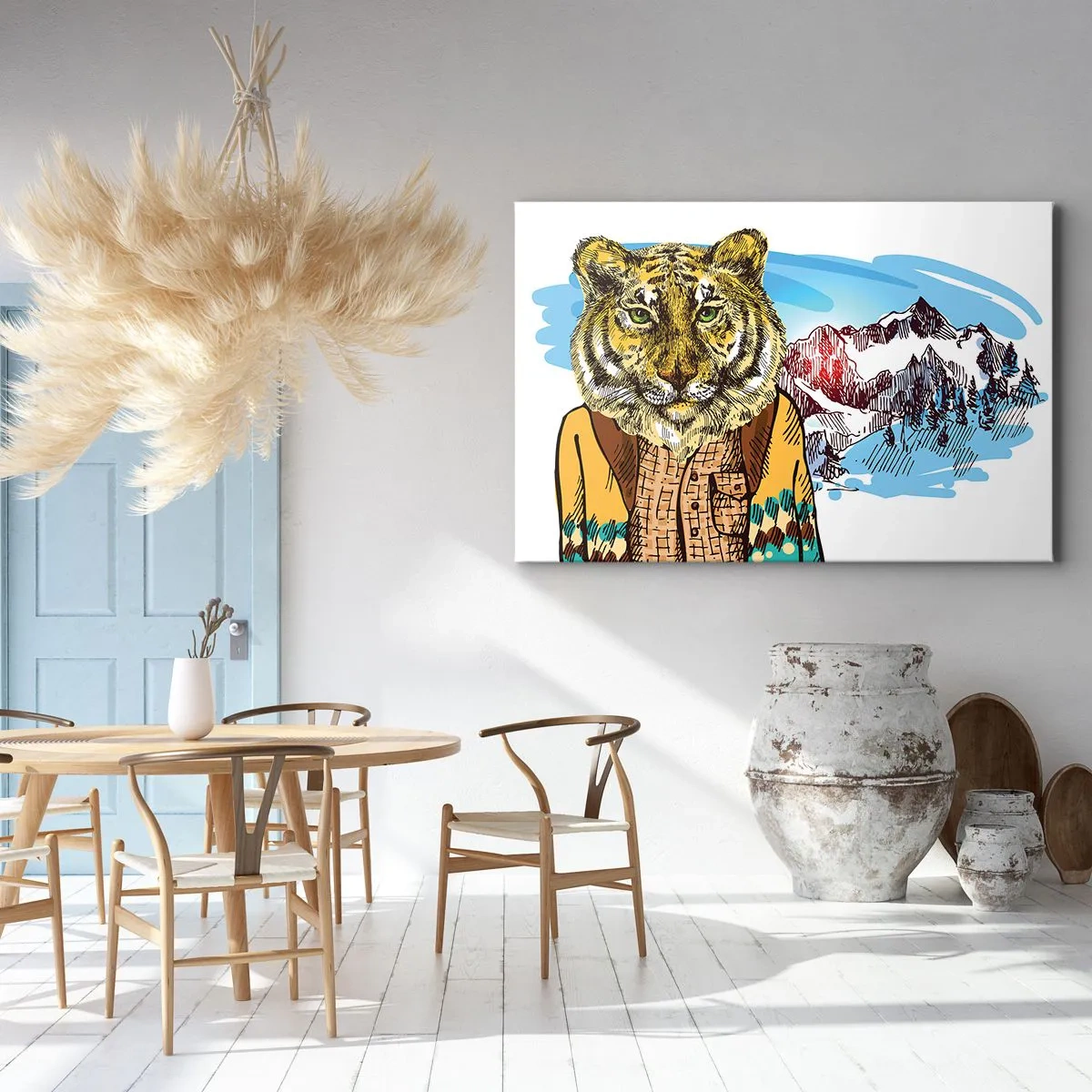 Canvas picture - A tiger in a coat against a mountain landscape - 70x50cm - Not As Wild in the Drawing - Modern wall decoration for the living room and bedroom ARTTOR